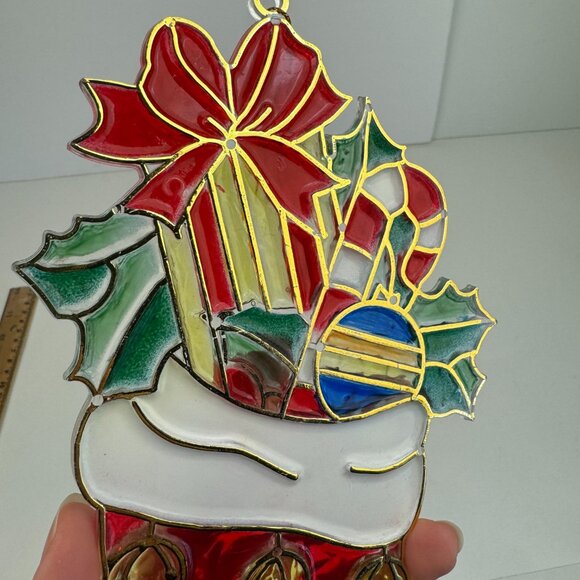 Vtg Plastic Suncatcher Christmas Holiday Red w Gold Stocking 10 inch Gift Co Inc - Picture 8 of 10